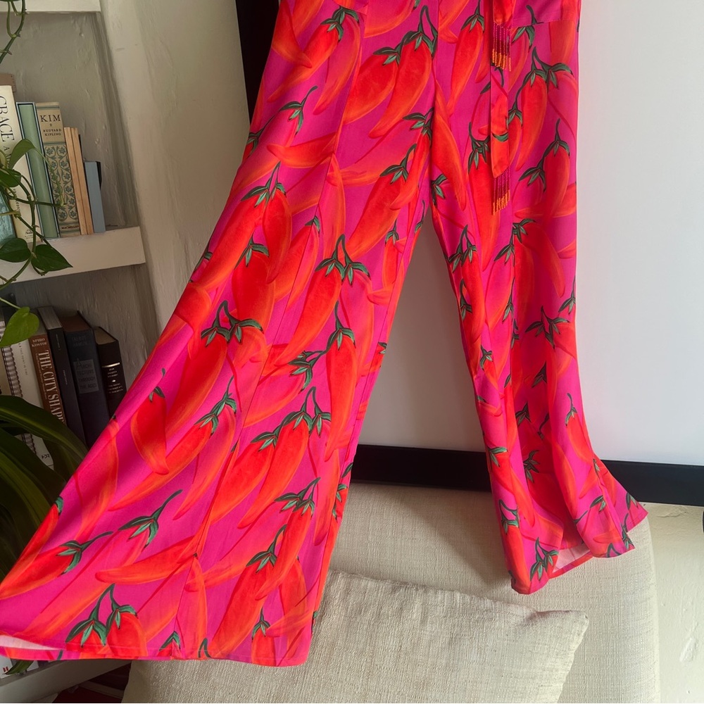 FARM Rio x Anthropologie Chili Pepper Halter Jumpsuit Size Small NWT in Pink Red - Picture 14 of 16